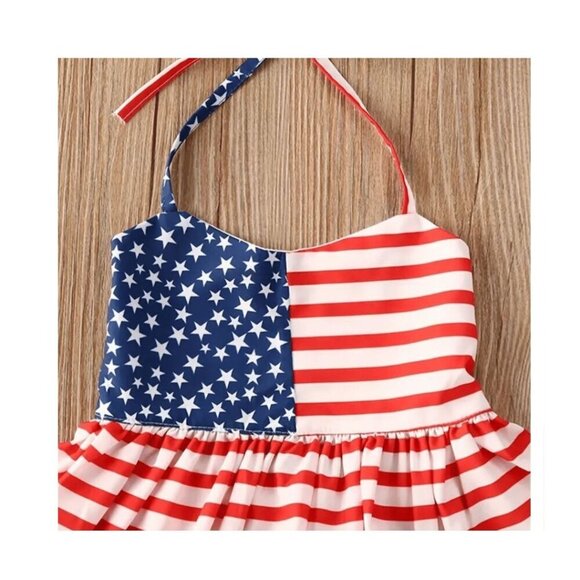 2pc Patriotic Girls Asymmetrical Halter Dress with Blue Jean Shorts Size 1-2Y-6Y - Picture 3 of 5